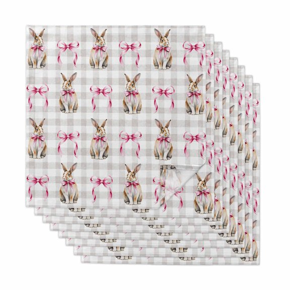 Easter Cloth Napkins, Spring Pink Bow Rabbit Grey White Gingham Plaid Washable and Reusable Dinner Napkins Set of 8, Table Napkin for Kitchen Party Birthday Wedding Hotel Housewarming 20"x20"