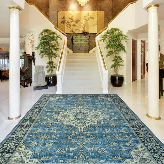 BNM Classic Damask Medallion Border Indoor Area Rug, 5' x 7', Blue