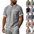 thumbnail image 2 of Cotton Linen Shirts for Men Short Sleeve Collarless Button Henley Shirt Casual Beach Oversized T-Shirts with Pockets,Gray,2XL, 2 of 8