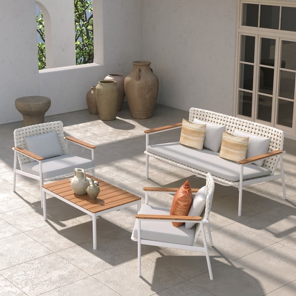 Grand Patio 4-Piece Aluminum Outdoor Dining Set with Loveseat and Coffee Table, White/Beige