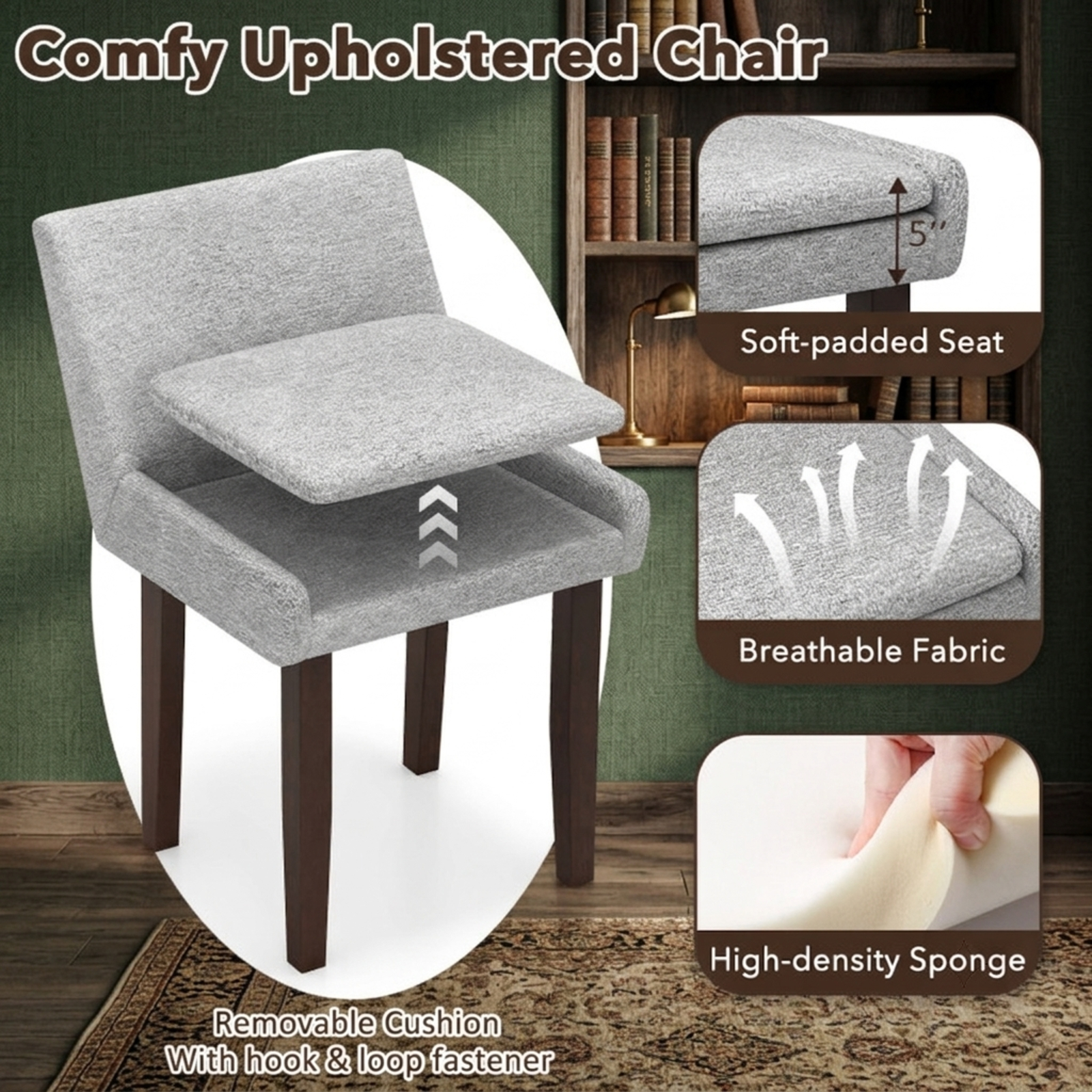 Furnibear Modern Upholstered Fabric Side Leisure Chair Set of 2 for Kitchen Dining Room Living Room Home, Gray
