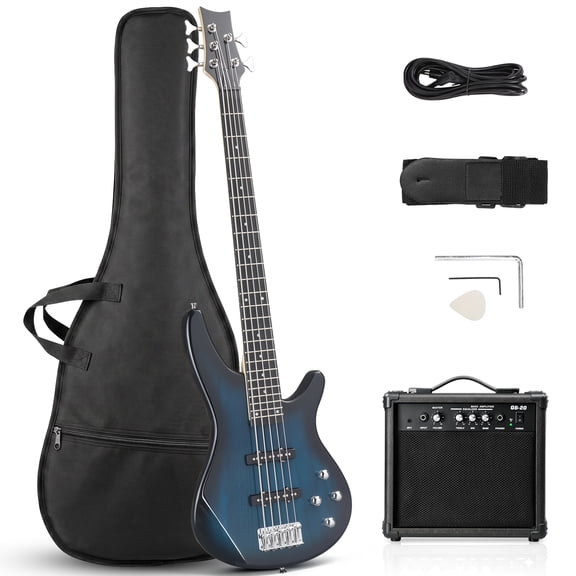 Ktaxon 44in 5 String Bass Guitar Kit, S-S Pickups, with 20W Amp & Full Accessories, Blue Gloss