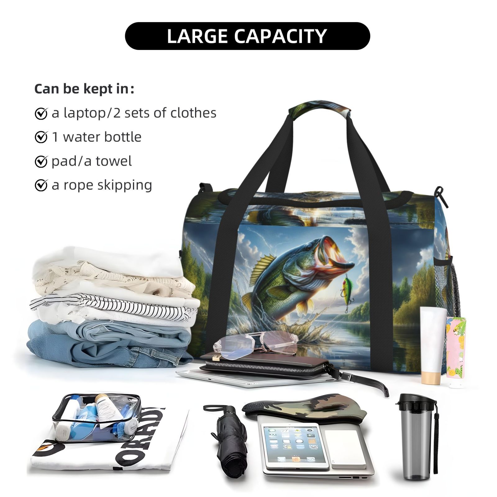 Defioc Largemouth Bass Jumping Out of The Water Print Hand Travel Bag - Foldable Travel Duffel Bags for Men Women -Sport Gym Bag - Overnight Travel Duffel Bag - Adjustable Shoulder Strap