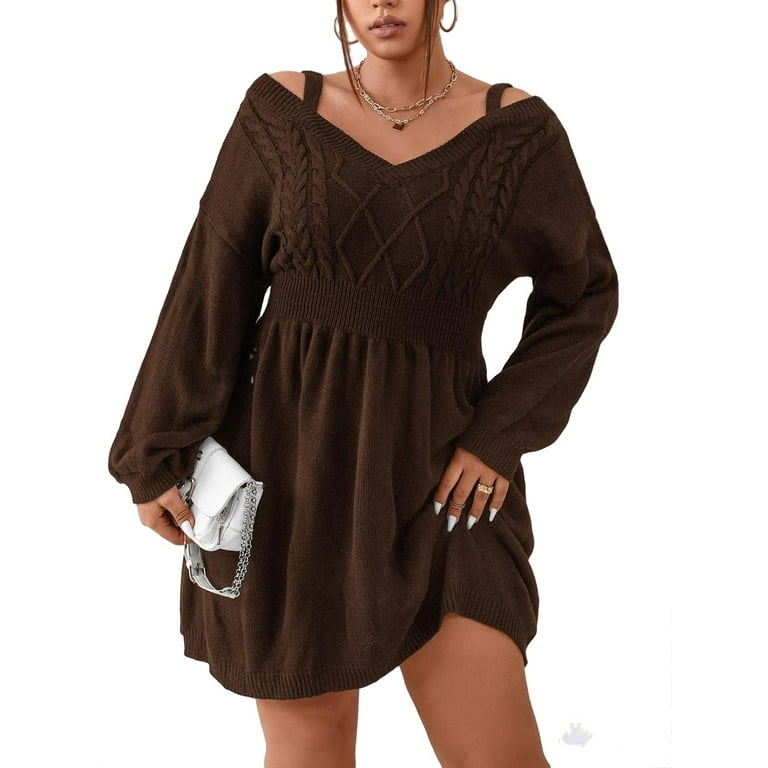 Casual Plain Cold Shoulder Long Sleeve Coffee Brown Plus Size Sweater Dresses Women s Plus Walmart
