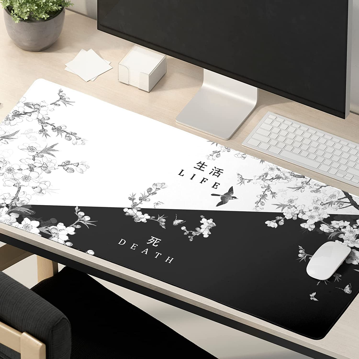 XXL Large Gaming Mouse Pad,Japanese Sakura Death Life Extended Desk Pad Non-Slip Rubber Base 35.4x15.7in with Stitched Edges Waterproof Full Desk Pads Computer Gaming Mousepads for Work/Game/Office