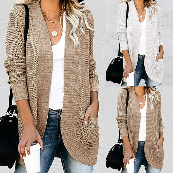 DDAPJ pyju Lightweight Cardigans for Women Open Front Long Sleeve Cardigan Sweaters Loose Casual Soft Knit Sweaters Coat with Pockets Khaki L