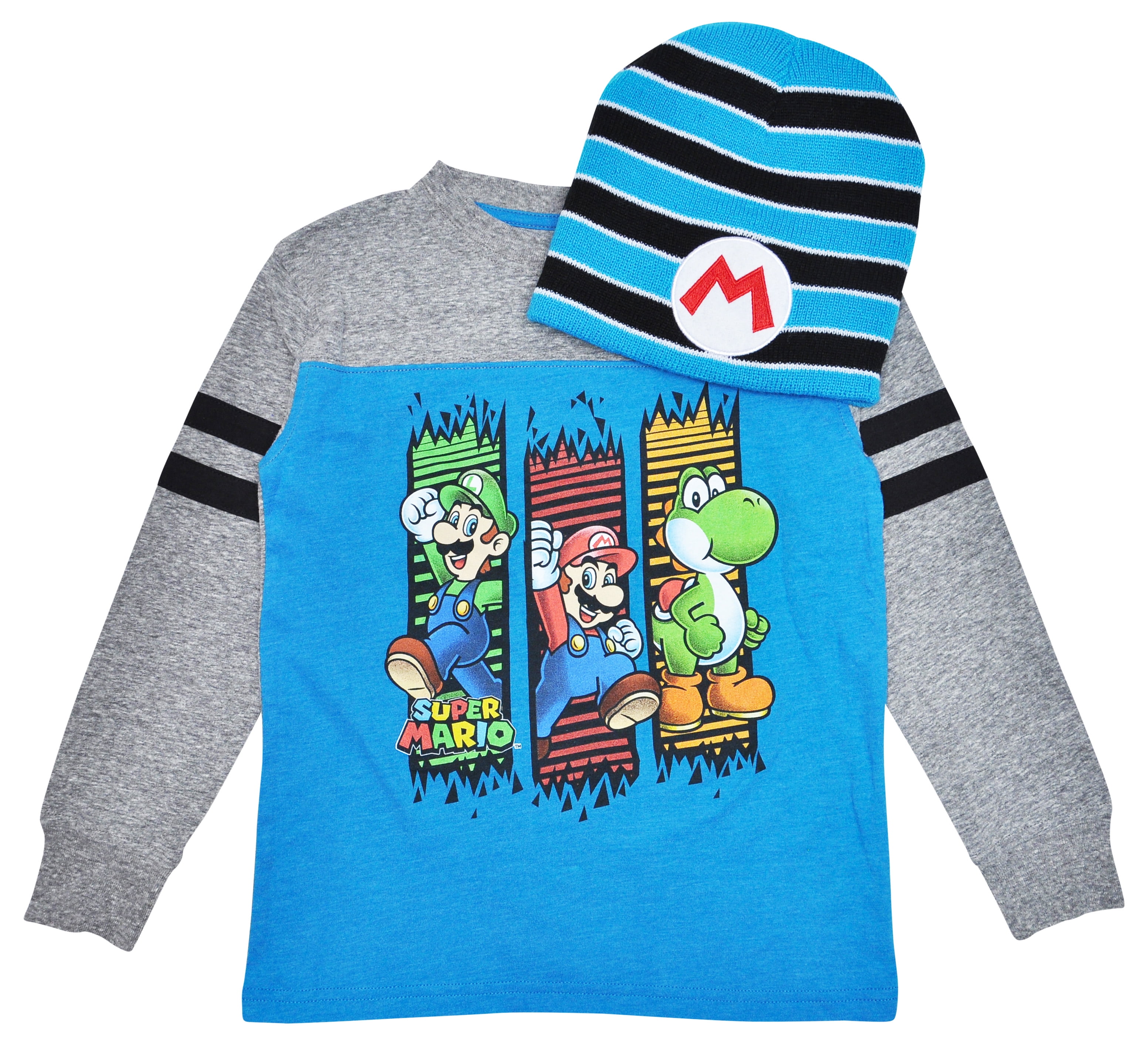 Super Mario Blue Long Sleeve t-Shirt 4-5 XS 6-7 S 8 M 14-16 XL Child with Beanie