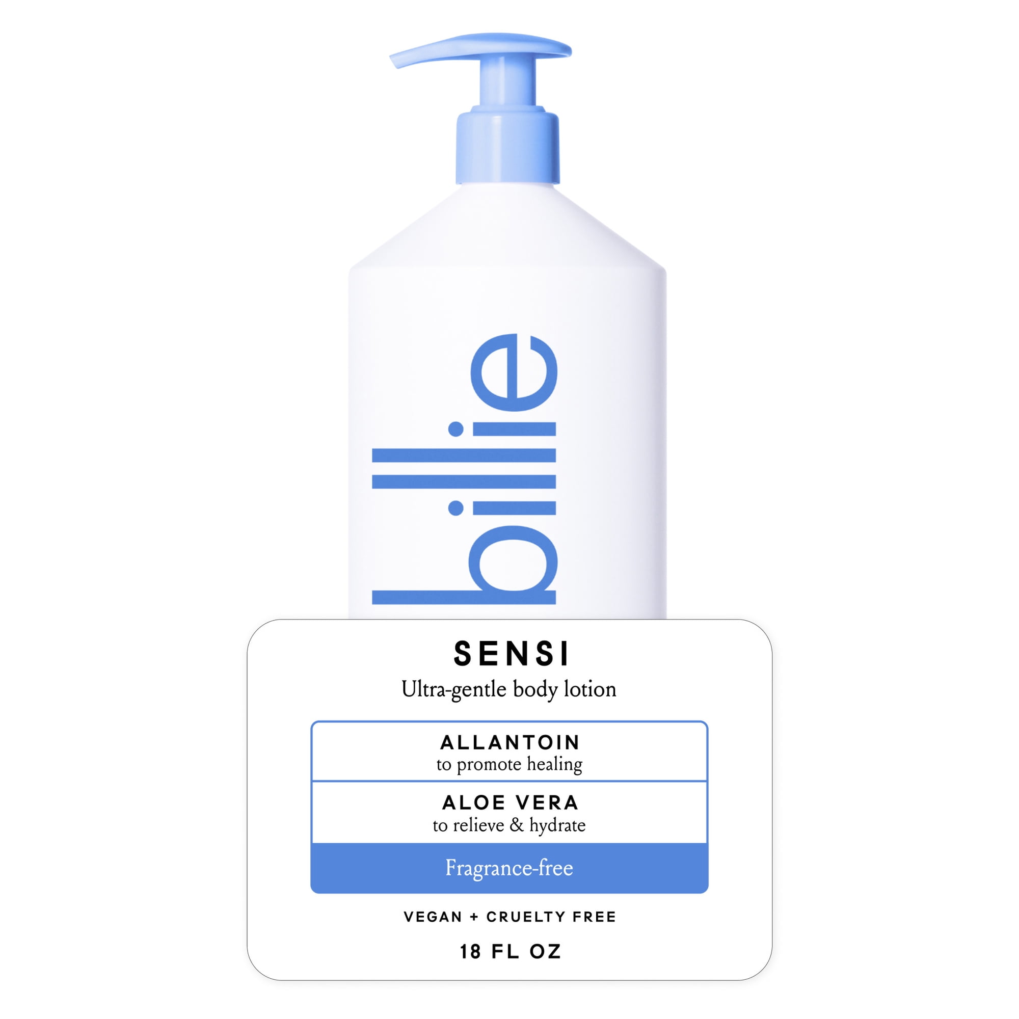 Billie Sensi Ultra-Gentle Women's Body Lotion, Fragrance-Free, Allantoin & Aloe Vera, 18 fl oz