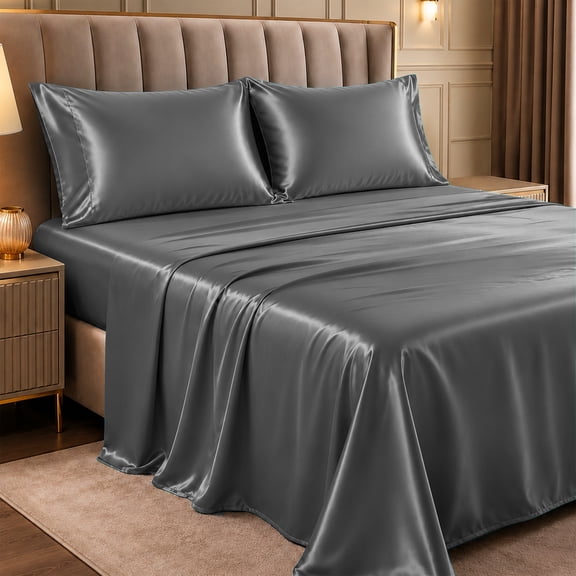 Lux Decor Satin Sheets Queen Size - 4 Piece Cooling Silky Bed Sheet Set for Hair and Skin, Similar to Silk, 15" Deep Pocket, OEKO-TEX Certified (Dark Gray)