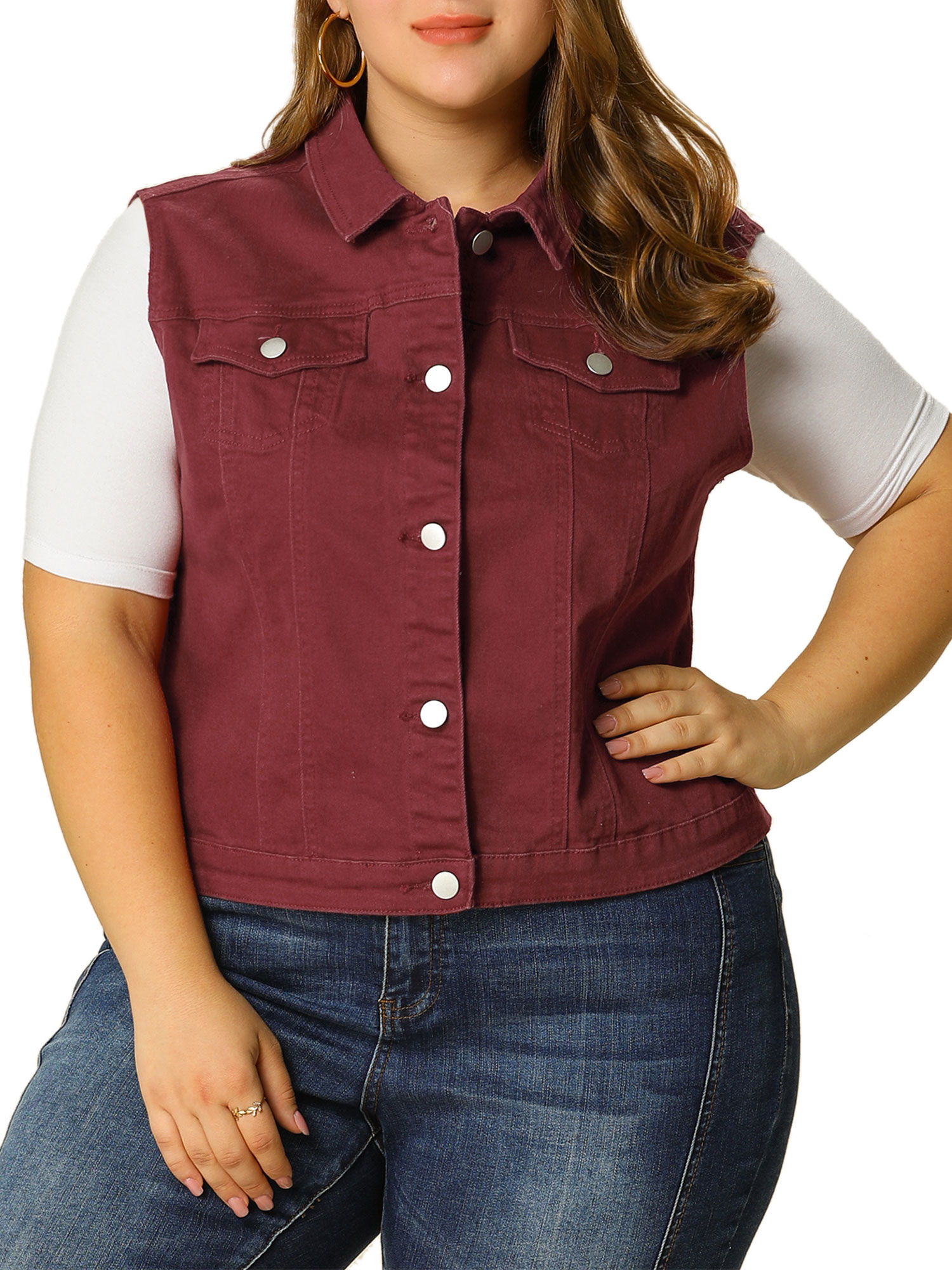 Agnes Orinda Women's Plus Size Casual Button Sleeveless Denim Vest Jacket - image 3 of 7