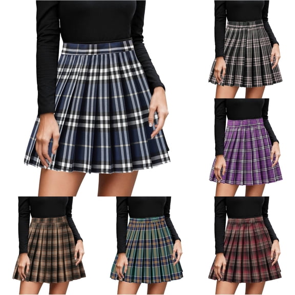 XIAONU Women's High Waist Pleated Mini Skirt Plaid Elastic Waist Skirts School Daily Short Bottom
