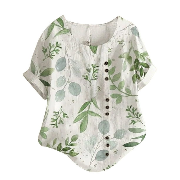 Mujer Botones O-cuello Manga corta Estampado floral Botones Algodón Lino Vintage Top Pompotops hkajfhjk464258