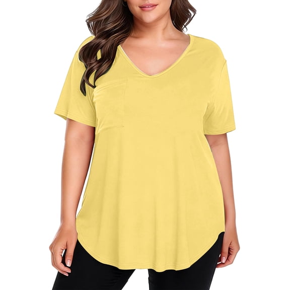 LWavelet Womens Plus Size V Neck Short Sleeve Top Pocket Summer Comfortable Daily Casual Loose Fit Blouse Yellow L