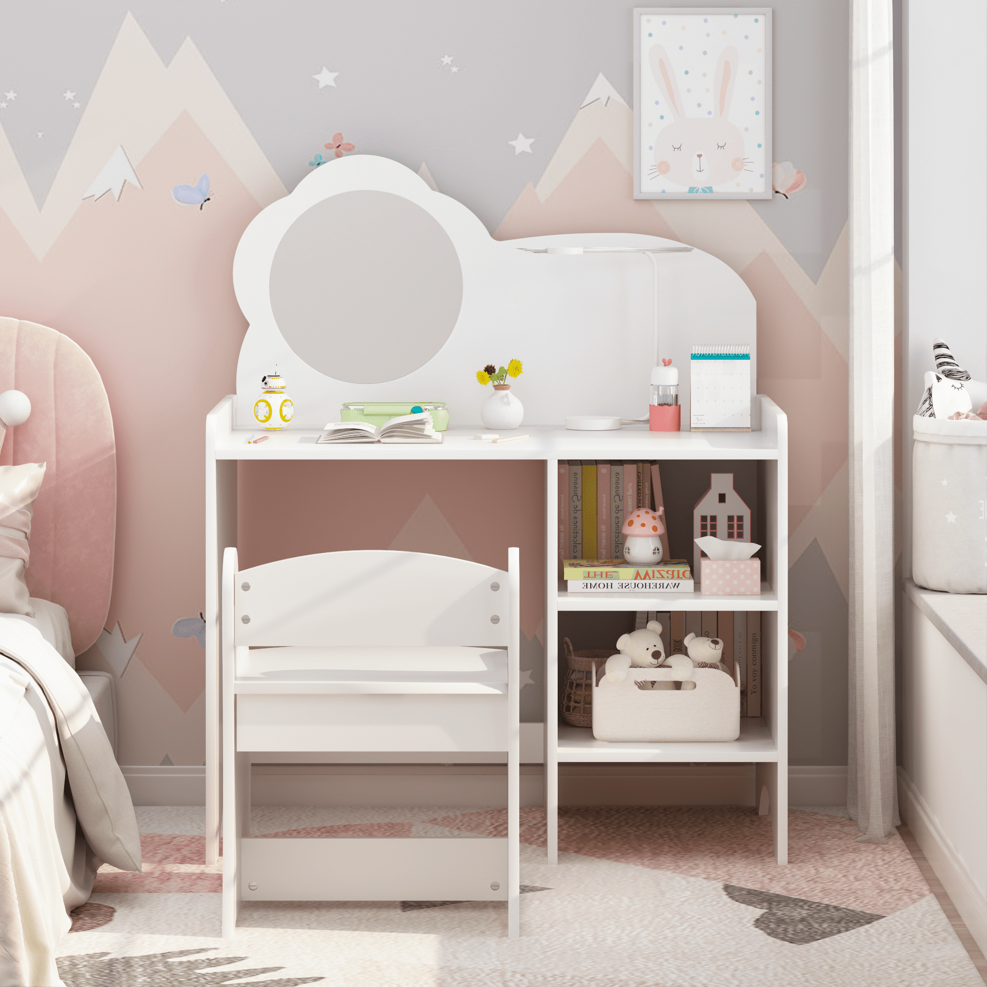 Kids Vanity Table with Mirror and Chair, Wooden Children's Dressing Makeup Desk with Storage Shelves, Study and Activity Table for Girls and Boys, Playroom Bedroom Furniture - White