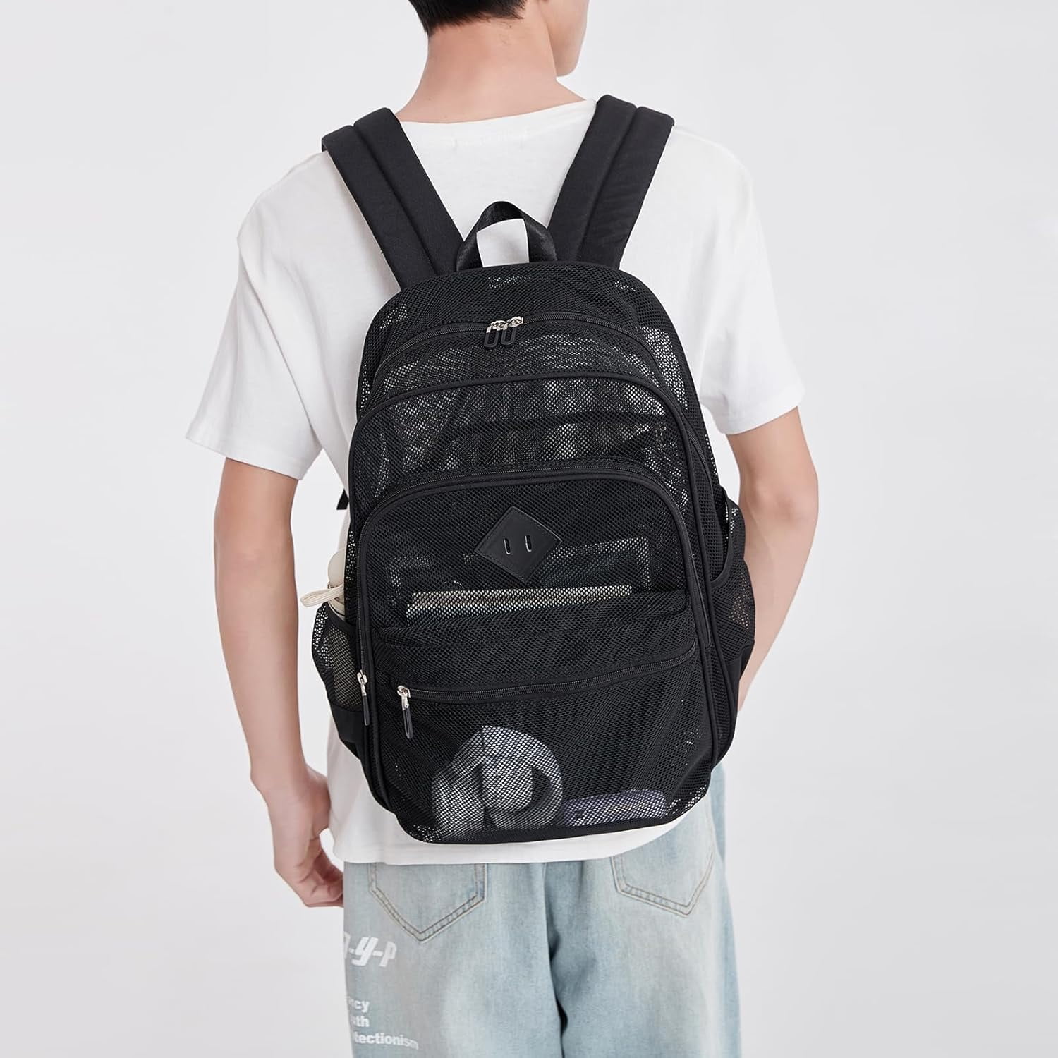 DAKIMOE Mesh Backpack School Backpack Bookbag Heavy Duty See Through Transparent Backpack Stadium Approved Large Capacity with Multiple Compartments Pockets for School Beach Swimming Sports Work