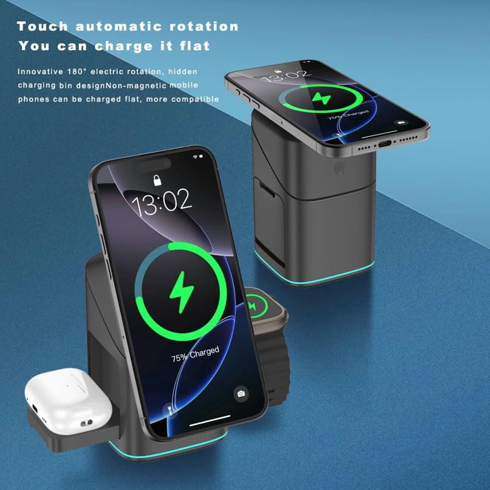 Subsistenceed 3-in-1 Wireless Charging Station  Magnetic Foldable Charger with Auto-Rotation, 15W Fast Charging Dock for Smartwatch, Phone & Earbuds
