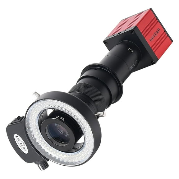 Hayear 51MP 60FPS Red Microscope Camera Set, 180X Lens,WIith 0.5X Barlow les, 144 LED Industrial Digital Microscope for Phone Repair PCB Soldering