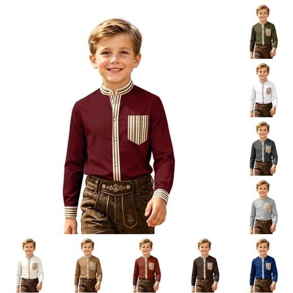 JAJAHO Boys Striped Button Down Shirt Long Sleeve Stand Collar Regular Fit Dress Shirts School Uniform Formal Wear For Kids 2-14Y Versatile Tops