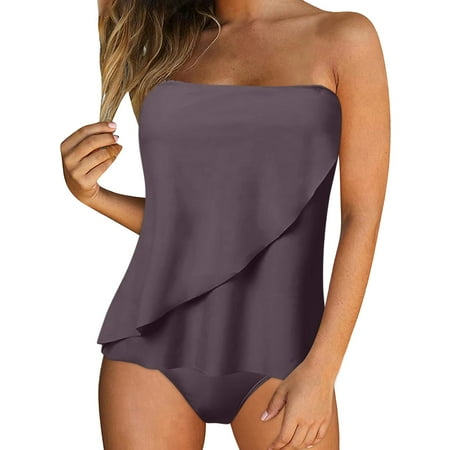 Wxirdiow Women 2 Piece Tankini Swimsuits Strapless Tankini Top Tummy Control Bathing Suit Two Piece Swimsuit with Bottoms (Coffee  XXL)