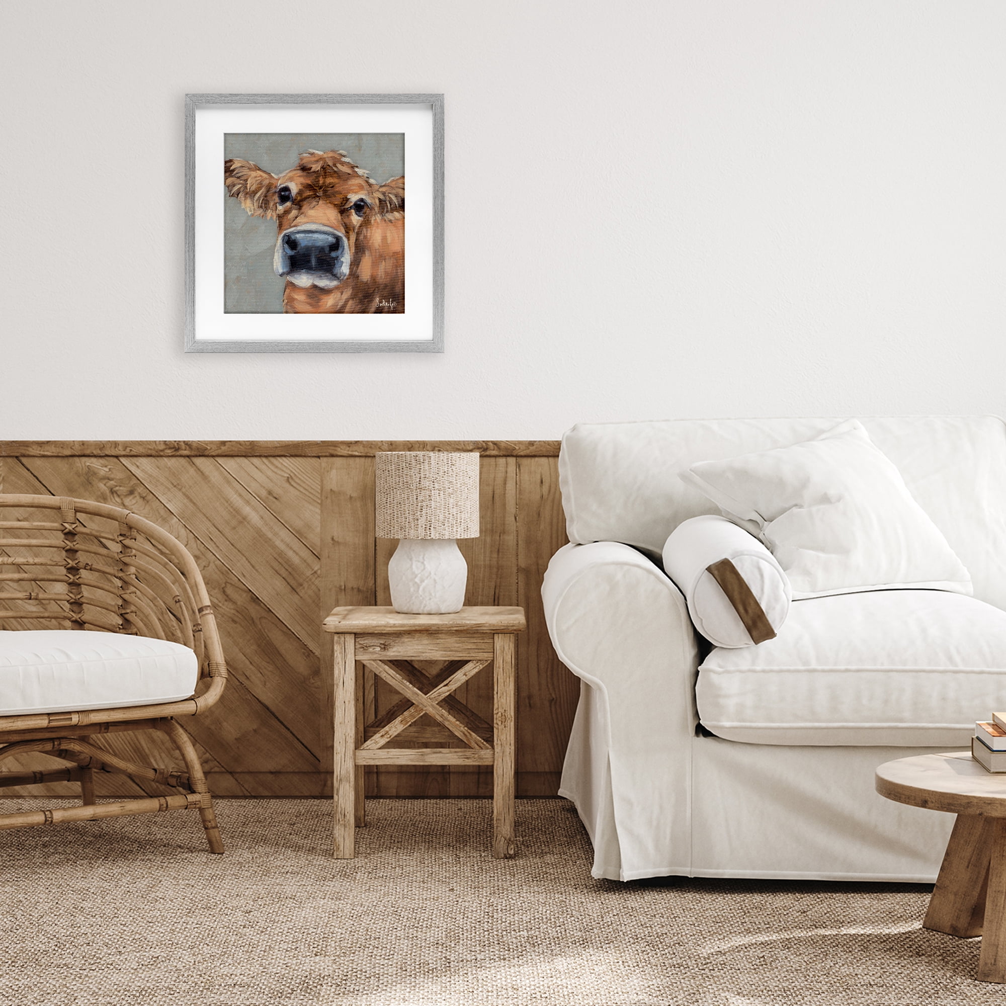 Stupell Industries Freckles The Cow Portrait Gray Framed Print Under Glass, design by Sara G. Designs