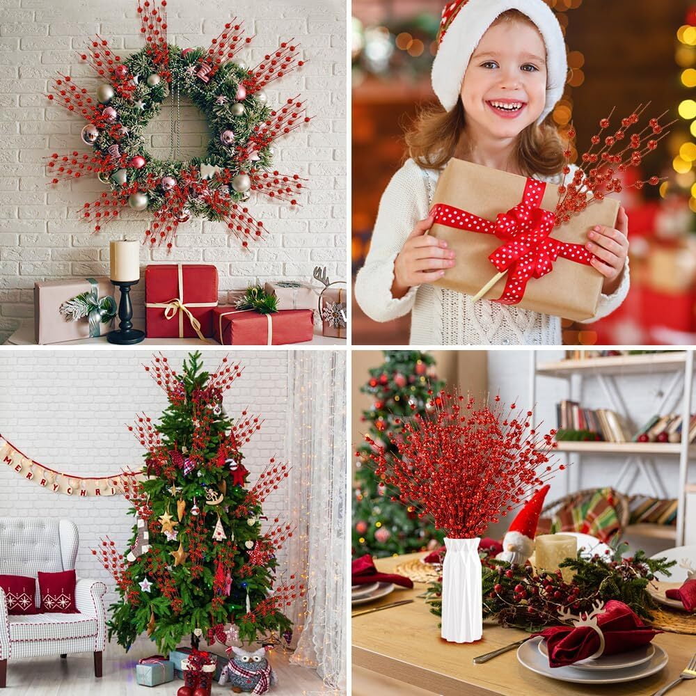30 Pack Artificial Glitter Berry Stem Ornaments 15.7in Decorative Christmas Picks Glittery Bead Sticks Branches for Christmas Tree Decor DIY Wreath Crafts Home Decor (Red)