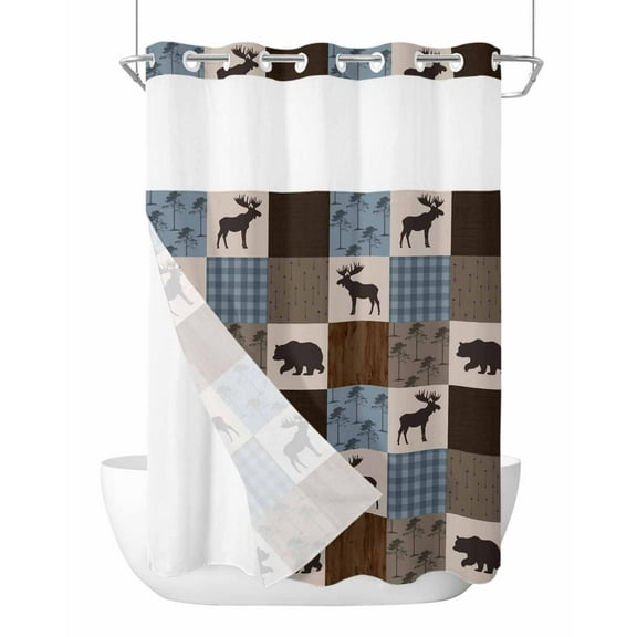 No Hook Cloth Fabric Shower Curtain with Snap in Liner, Blue Checkered Cabin Waterproof Shower Curtains Set with See Through Top Window, Farmhouse Forest Brown Buffalo Plaid Bath Curtains 60"x72"