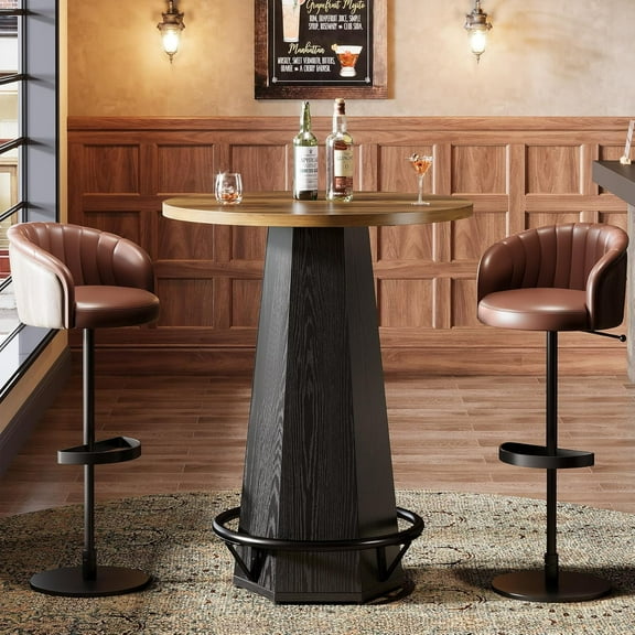 Fimind Round Pub Table, 39.4" Tall Bistro High Top Cocktail Table with Metal Footrest, Industrial Table for Small Space Home Bar, Brown & Black
