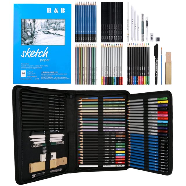 H & B 72 piezas de suministros de dibujo, juego de bocetos, kit de arte que incluye dibujo y lápices de colores para adultos, artistas, niños. Suministros de bocetos de arte profesional con bloc de di