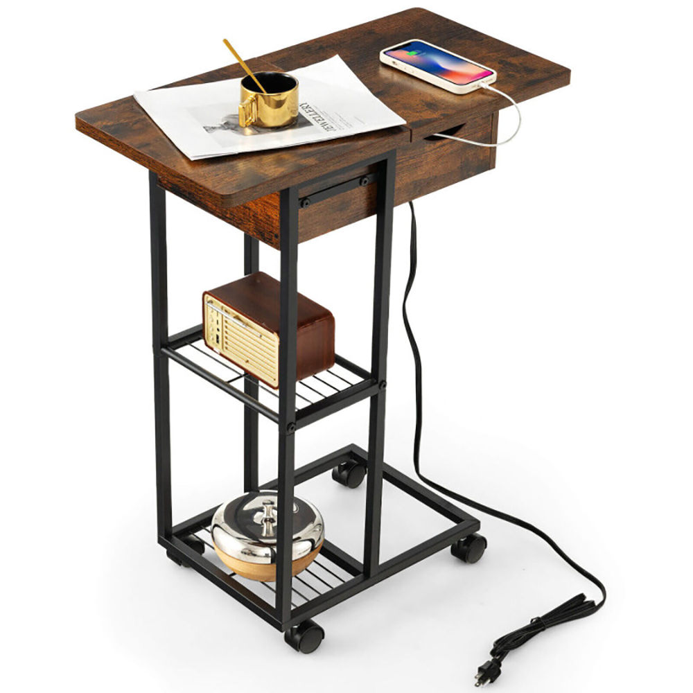 Finihen End Table, C-Shaped End Side Table with Charging Station and Wheels, Sofa Side Table, Bed Side Table, for Living Room, Bedroom, Rustic Brown Finihen End Table, C-Shaped End Side Table with Charging Station and Wheels, Sofa Side Table, Bed Side Table, for Living Room, Bedroom, Rustic Brown