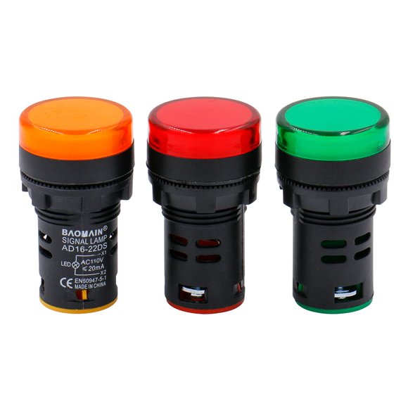 Baomain Indicador LED Luz piloto AD16 L22 20mA 22mm 0.86"" Verde*1 Rojo*1 Amarillo*1 Lámpara indicadora 3 piezas (110V AC)
