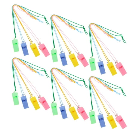 WEUVEB 24pcs Neon Whistles for Kids Bulk Assorted Colors Lightweight Plastic Necklaces for Cheering and Teacher Training