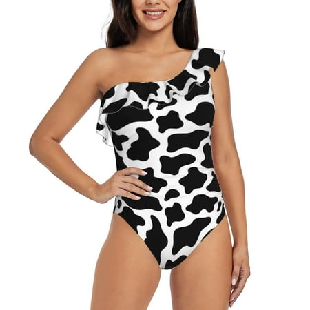 Qokaie Cow Print Black White Print Women s One Piece Swimsuits Tummy Control Bathing Suits Asymmetric One Shoulder Swimwear-X-Large