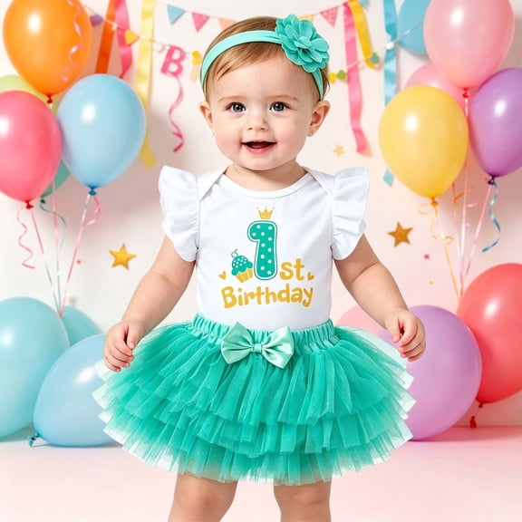 Rhuody 9-12 Months Infant Outfits For Girl Short Sleeve Birthday Dress Crewneck Romper Skirt For First Birthday Celebration Simple Wear Green