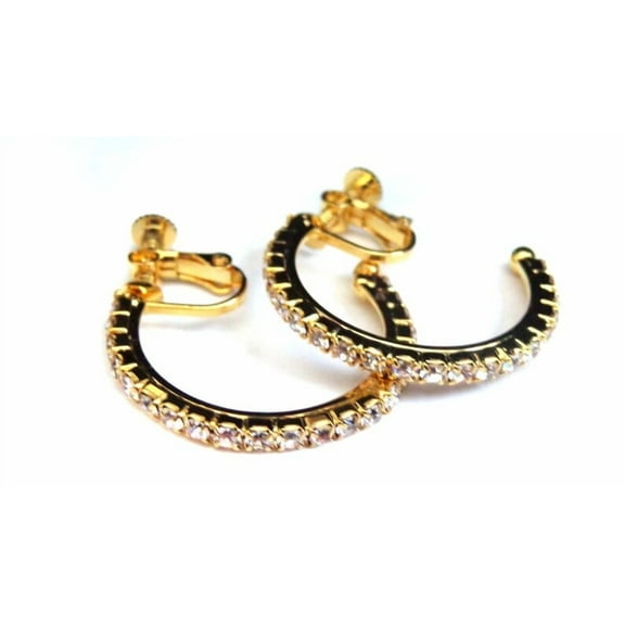 Clip-on Earrings Crystal Rhinestone Hoop Earrings 1.5 inch Non Pierced Gold Hoops