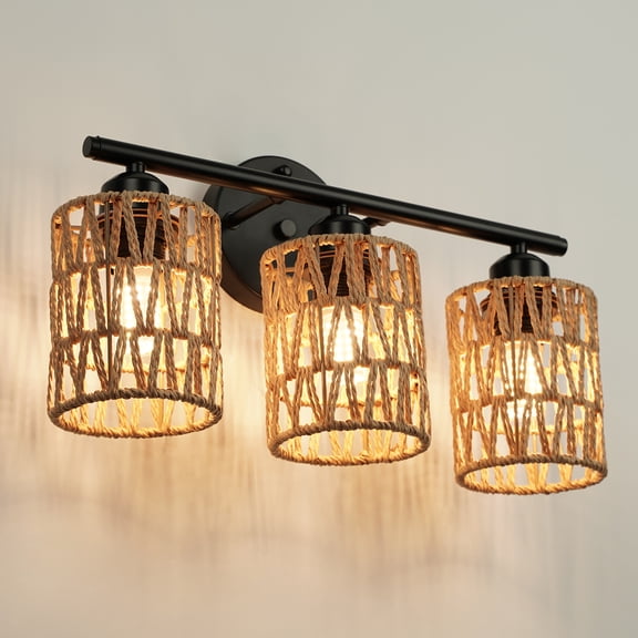 FRIDEKO HOME 3-Light Bathroom Light Fixtures Vanity Lights Over Mirror, 17" Boho Wall Sconces with Woven Lampshade, Farmhouse Black Wall Lamp for Farmhouse Living Room Bedroom (Without Bulb)