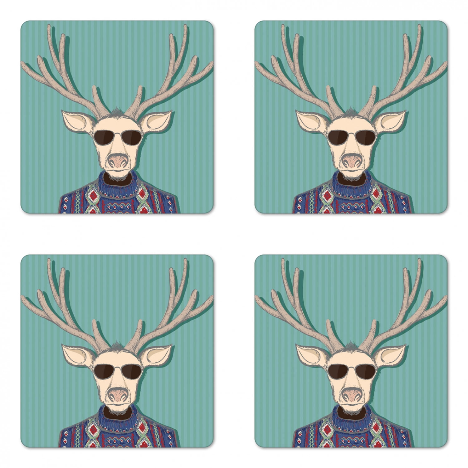 Hipster Coaster Set of 4, Colorful Drawing of Anthropomorphic Deer with