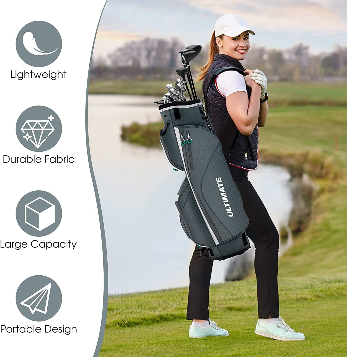 Neatifyes Golf Cart Bag with 14 Way Top Dividers, Lightweight Golf Cart Bag with Shoulder Strap, 7 Zippered Pocket, Cooler Bag & Valuable Pocket, Portable Golf Club Bag with Rain Hood/Dust Cover