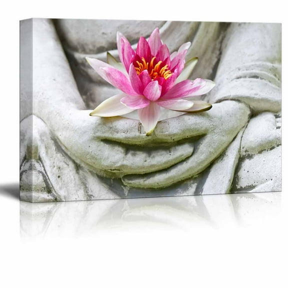 Canvas Prints Wall Art - Buddha Hands Holding Flower | Modern Wall Decor/Home Decor Gallery Wraps Giclee Print & Wood Framed. Ready to Hang - 12" x 18"