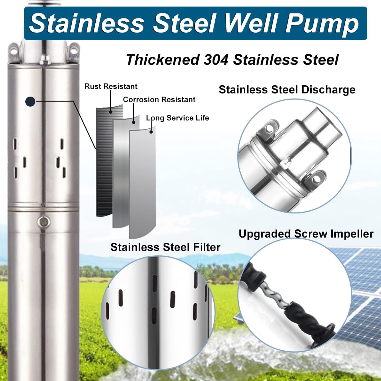 iMeshbean DC 12V 3'' Solar Deep Well Pump Water Pump 396GPH Stainless Steel Submersible