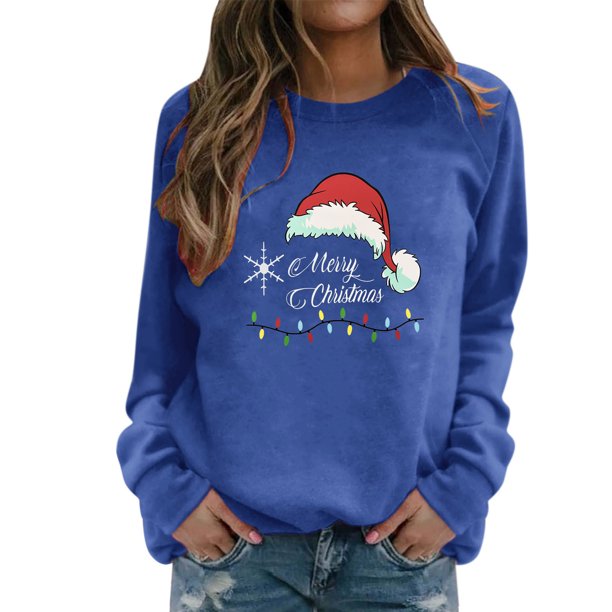 Gibobby Sudadera navideña mujer de manga larga con cuello redondo y estampado navideño para mujer(Azul,CH)