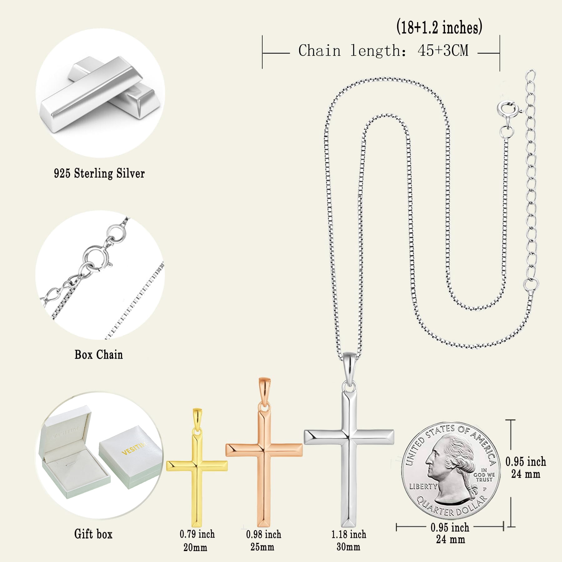 VESITIM Cross Necklace for Women Sterling Silver Plain Cross Pendant Necklace Yellow Gold Plated 0.79" Jewelry Gifts for Men