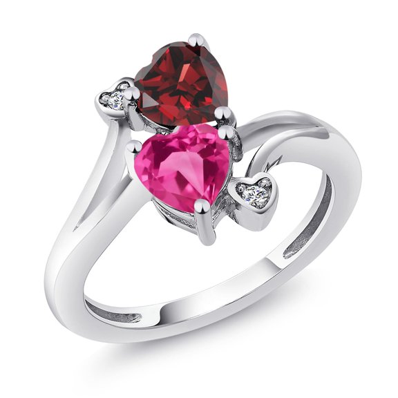 Gem Stone King 925 Sterling Silver Red Garnet Pink Created Sapphire and White Diamond Ring for Women (1.83 Cttw, Heart Shape 6MM, Gemstone January Birthstone, Size 7)