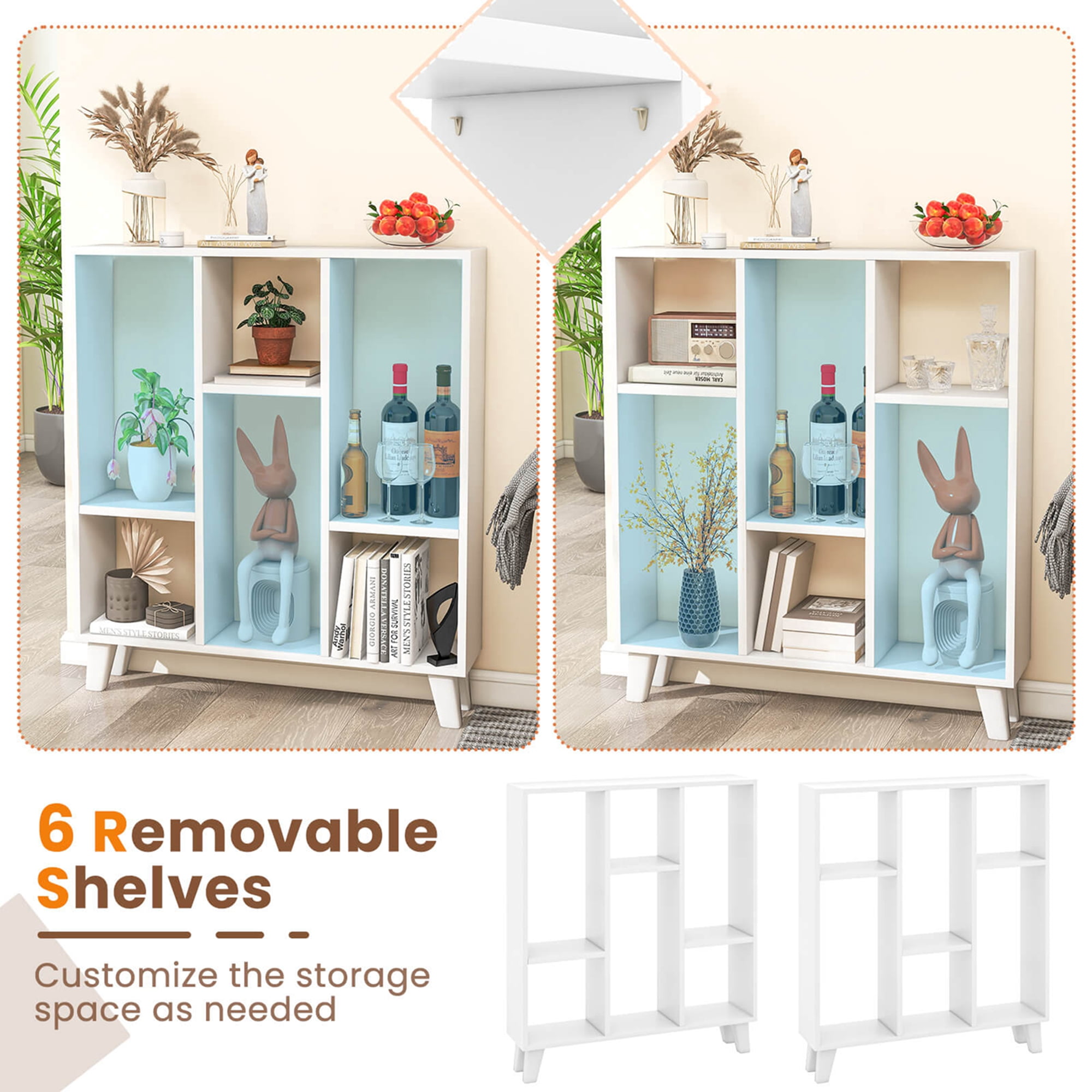 Costway 2 PCS 9-Cube Bookcase with 6 Removable Shelves Raised Support Feet for Living Room White