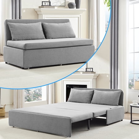 BALUS 62" Linen Queen Size Pull Out Sofa Bed Include 2 Pillows,Convertible Loveseat Sleeper Sofa with Foldable Mattress,Light Gray