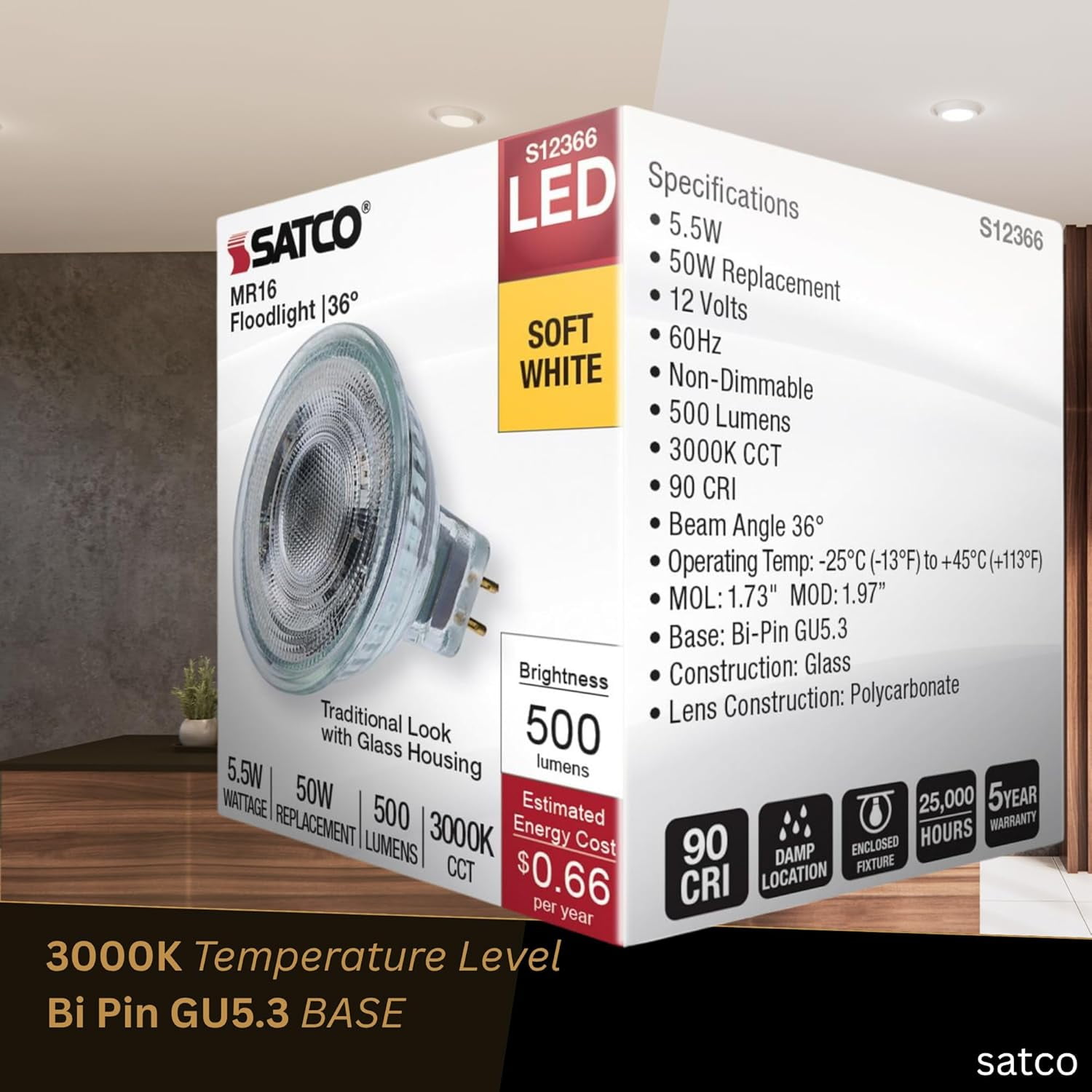 Satco S12366 MR16 LED Flood Light Bulbs 12V 5.5W 3000K GU5.3 Base Dimmable (12 Pack)