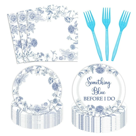 96Pcs Something Blue Before I Do AFN1Bridal Shower Party Supplies Blue Floral Wedding Paper Plates and Napkins Set Disposable Dinner Tableware for Mr & Mrs Party Decorations Serve 24