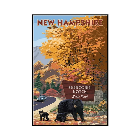 Franconia Notch State Park, New Hampshire - Bear Family & Fall Colors - Lantern Press Artwork (16x24 Framed Gallery Wrapped Stretched Canvas)
