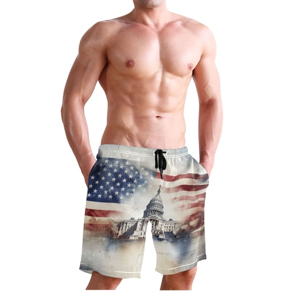 Dailycode Men's Quick Dry Swim Trunks Beach Shorts Casual Summer Board Shorts with Pockets, White House and American Flag