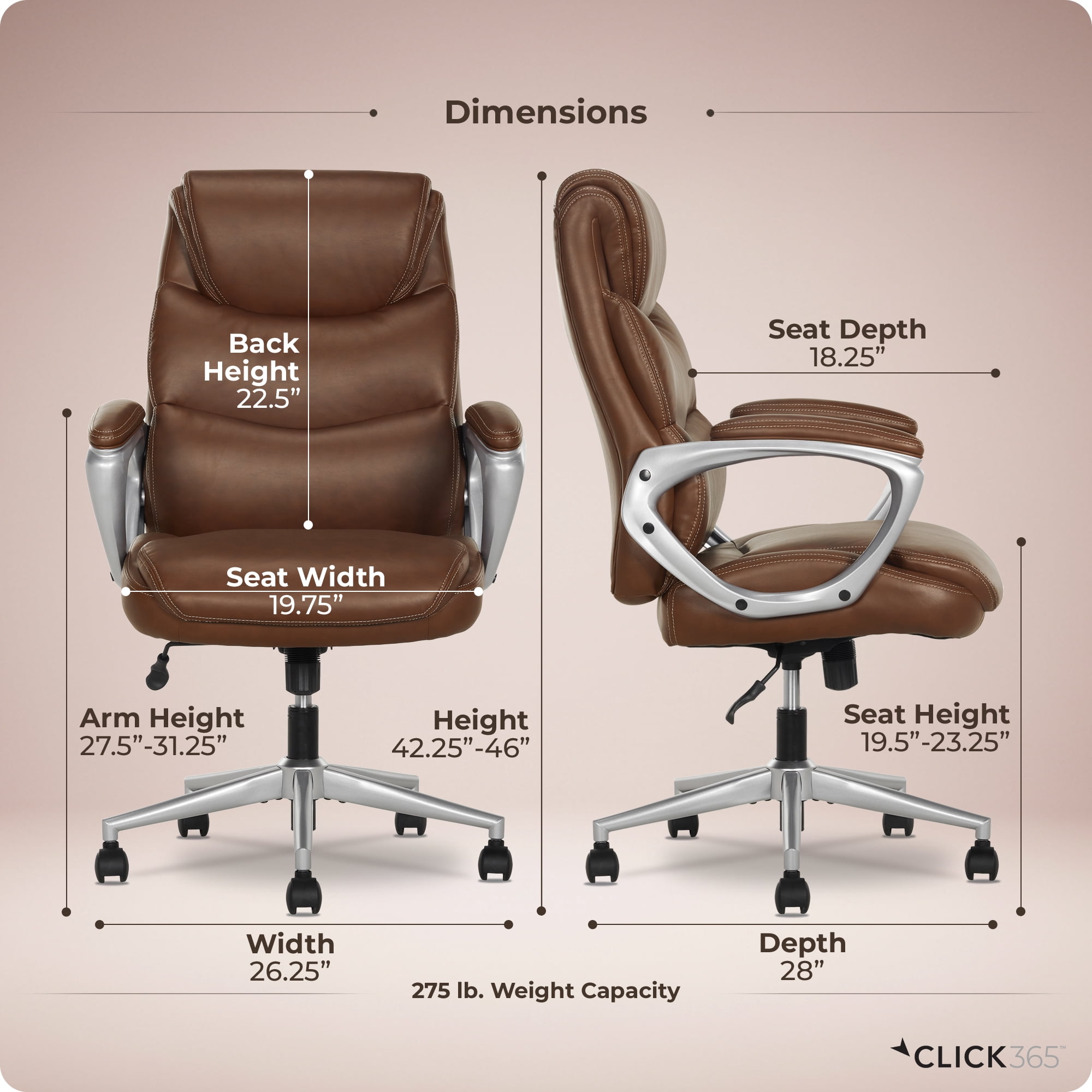 Click365 Adult Polyurathane High Back Indoor Commercial Ergonomic Office Chairs Office Chair, Brown