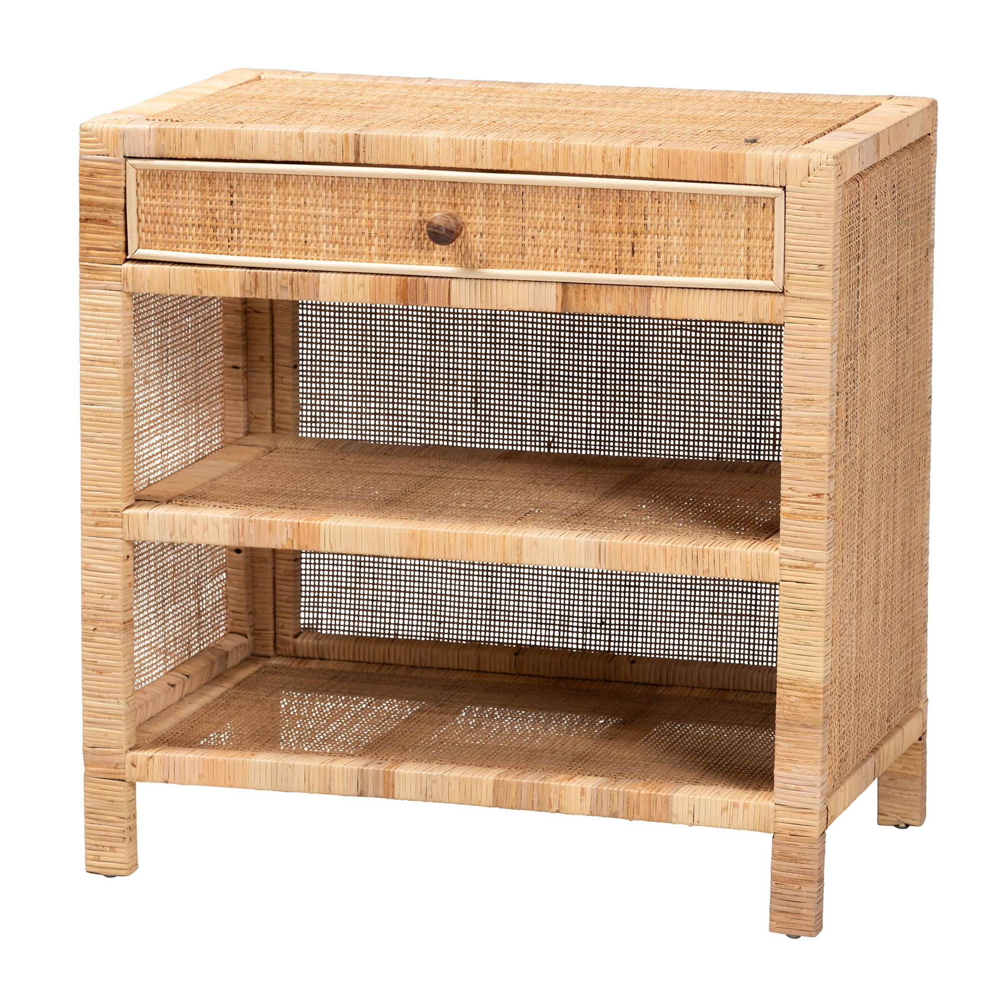 bali & pari Bella Modern Bohemian Brown Mahogany Wood and Rattan 1-Drawer Console Table